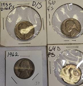 lot 19 image: 1955 DS Jefferson Nickel, 1956 FS Jefferson Nickel, 1962 Jefferson Nickel, and 1964 D FS Jefferson Nickel.