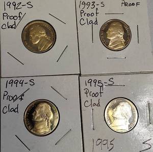 lot 20 image: 1992-S Jefferson Proof Nickel, 1993-S Proof Clad Nickel, 1994-S Proof Clad Nickel, and 1995-S Proof Clad Nickel.