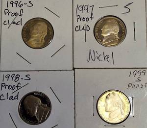 lot 21 image: 1996-S, 1997-S, 1998-S, and 1999-S Jefferson Nickel Proof Clad.