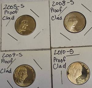 lot 23 image: 2005, 2008, 2009, and 2010- S- Jefferson nickel proof clad coins