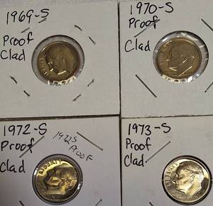 lot 38 image: Roosevelt Clad Dime Proofs from the S Mint 1969, 1970, 1972, and 1973.