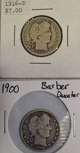 lot 41 image: 1916-D & 1900 Silver Barber Quarters