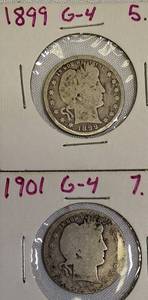 lot 42 image: Barber Quarters from 1899 and 1901, G-4 grade Silver