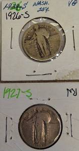 lot 44 image: Standing Liberty Quarters from the S Mint, dated 1926 and 1927.