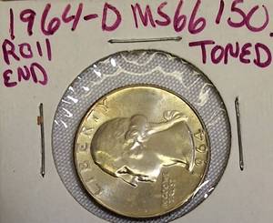 lot 46 image: 1964-D MS66 Toned Roll End and a 1964 MS66 Silver Washington Quarter