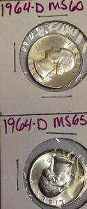 lot 47 image: 1964-D Silver Washington Quarters One in MS60 condition and another in MS65 condition
