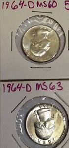 lot 48 image: 1964-D MS60 and 1964-D MS63 Silver Washington Quarters.