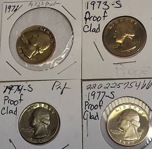 lot 50 image: 1972 Clad Washington Proof Quarters and 1973, 1974, 1977-S Clad Washington Proof Quarters.
