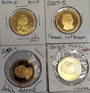 lot 51 image: 2000-S Proof Clad Dollar, 2007-S Thomas Jefferson, 2007-S James Adams, and 2011-S Andrew Johnson Clad Dollars