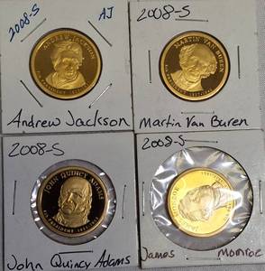 lot 52 image: Four 2008 - S Clad Dollar Coins  featuring Jackson ,Martin Van Buren, John Quincy Adams & James Monroe