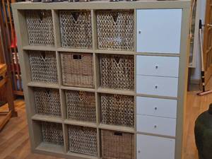 lot 776 image: Ikea Kallax Shelving Cabinet 16-bin2-door4-drawer with (12) Wicker Storage Boxes
