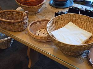 lot 844 image: Lot of (3) Wicker Baskets - Large Bowl, Small Bowl and Two Handled Basket