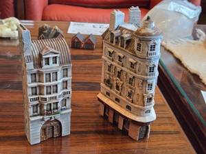 lot 858 image: Lot of (2) Gault 7 Hand Made Ceramic Miniature Scale Replica Buildings - Hotel de Paris, Parisian Residential Building with Louis Viutton Store