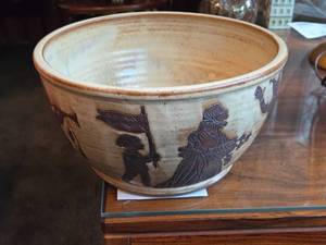 lot 862 image: Hand Made Studio Pottery Bowl - European Carved Figurines by Hamilton Signed circa 1980