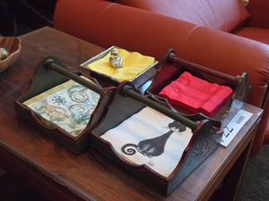 lot 863 image: (3) Handmade Wooden Napkin Holder Tray with Handle (Norway) and (1) Mariposa Metal  Silver Finish Napkin Holder Tray