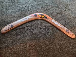 lot 867 image: Australian Hand Carved Wood Boomerang with Painted Dcor 17
