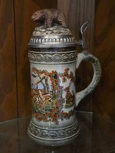 lot 869 image: Vintage 9 Hand Painted Ceramic German Beer Stein with Pewter Lid by Gerz (Germany)