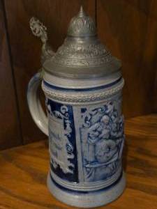 lot 873 image: Vintage 8 Stoneware German Beer Stein with Pewter Lid (likely late 19th to early 20th century)