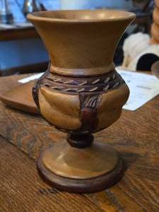 lot 878 image: 7 Hand Carved Wooden Vase with Pedestal Base