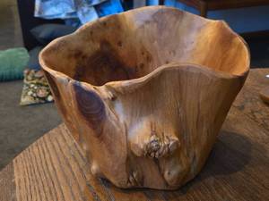 lot 880 image: Bowl - Hand Carved Real Wood Stump Featuring Dramatic Live Edge Rim and Natural Grain Pattern