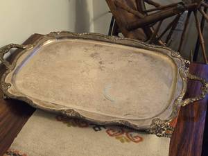 lot 892 image: Vintage Silverplated Footed Base Serving Tray with Ornate Design - Old English by Poole