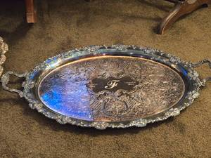 lot 893 image: Vintage Silverplated Oval Serving Tray with Handles and Ornate Etched Scroll and Floral Pattern 26 x 16