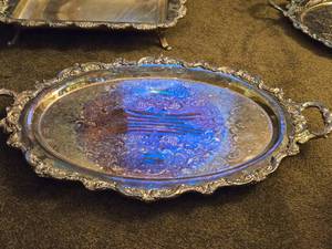 lot 894 image: Vintage Silverplated Oval Serving Tray with Handles and Ornate Etched Scroll and Floral Pattern 25 x 16