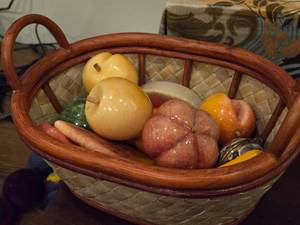 lot 899 image: Set of 12 Alabaster Onyx Marble Stone Hand Carved Fruit in a Basket - Lime, Lemon, Mango, Apple, Watermelon, Banana, Canteloupe
