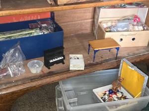 lot 918 image: Lot of  Miniature Doll House Accessories - Small Piano, Tables, Figurines, Lamps, Small Housewares, Home Dcor, Books, Dining Side Chairs, Wall Clocks, Croquet Set and more