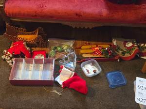 lot 926 image: Christmas Dcor including Set of 4 Hiball Glasses, Sleigh, Wooden Sled, Stockings, Bells and more