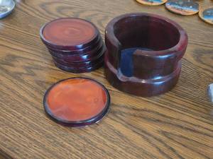 lot 930 image: 1970s Brazilian Modern Blue Agate & Rosewood Drink  Cocktail Coasters Set of 6 with Coaster Caddy