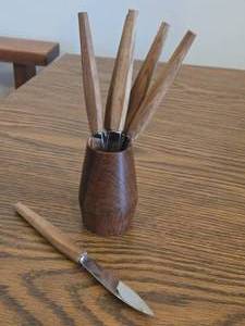 lot 932 image: Mid Century Modern Series Teak Wood Fruit  Cheese Knife Set with Holder Set of 6 by Justin Rostfrei (Soligren Germany)