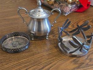 lot 935 image: (1) Pewter Sugar Bowl 6, (1) Dragon Fly theme Metal Candle Holder 5D, (1) Silverplate Wine Bottle Coaster with Pierced Gallery Edge and Engraved Floral Design 4