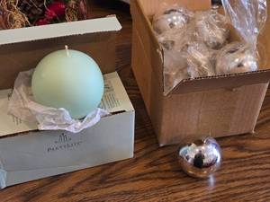 lot 947 image: (2) 3 Partylite Ball Candles Honeydew  Mint, (9) 1-12D Silver Ball Candles (in original packaging)