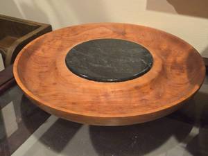 lot 981 image: Mid Century Modern Cherry Wood with Dark Marble Inlay Serving Tray (autographed)