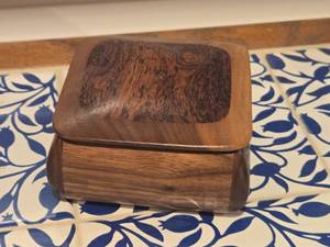 lot 985 image: Handmade Walnut and Bacoti Wood Jewely Box with Felt Interior
