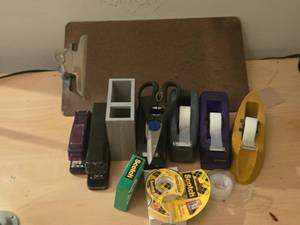 lot 1045 image: Lot of (13) Office Supplies - Tape and Dispensers, Scissors, Staplers, Pen Caddy, Clipboard