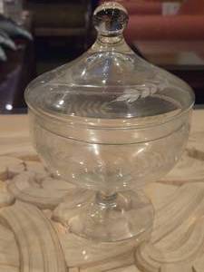 lot 1027 image: Etched Glass Covered Pedestal Candy Dish