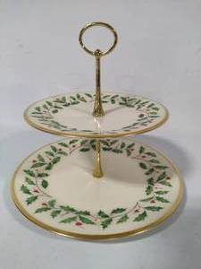 lot 17 image: Lenox Two-Tiered Holly & Berry Server wGold Accents