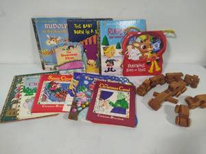 lot 122 image: Lot of Assorted Childrens Holiday Books & Wood CarsTrain Set