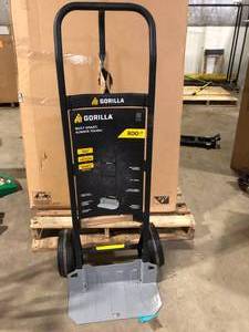 lot 33 image: Gorilla 800 lbs. Capacity Steel Hand Truck with Multi-Grip Handle, Wideload Toe Plate, Super Duty Axle with Non-Slip Foot Lever Damage on Wheel  Customer Returns See  Pictures