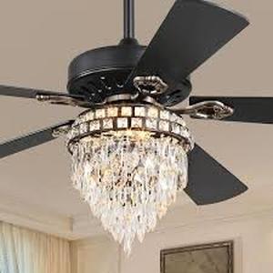 lot 24 image: HINNIXY 52 in. Smart Indoor Black 3-Color LED 6-Speed Crystal Chandelier Ceiling Fan with Light Kit and Remote Control Customer Returns See Pictures