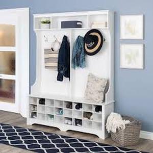 lot 56 image: Prepac 77 in. H x 60 in. W White Engineered Wood Shoe Storage Cabinet with 24-Shoe Cubbies and 6-Double Coat Hooks  Customer  Returns See Pictures