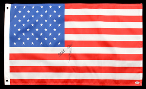 lot 32 image: Robert ONeill U.S. Navy SEAL Signed 18x30 American Flag Inscribed Never Quit (PSA)