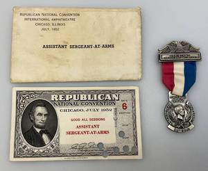 lot 119 image: 1952 REBUBLICAN National Convention Assistant Sergeant At Arms Certificate And Medal With Ribbon