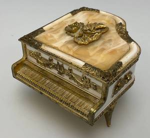 lot 121 image: Vintage Ornate Thorens Brass Marble Top Miniature Grand Piano Music Box Plays Laras Theme Dr. Zhvago (Working) 4 x 3 12 x 2 12