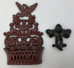 lot 124 image: Vintage Ornate Casty Iron Wall Hanging Letter Holder And Cast Iron Acorn Paperweight