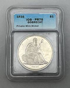 lot 127 image: 1836 $1  ICG-PR70 Gobretch Private Mint Nickel Sealed In Case