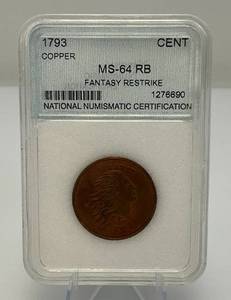 lot 129 image: 1793 Cent MS-64-RB Fantasy RESTRIKE National Numismatic Certification Sealed In Case