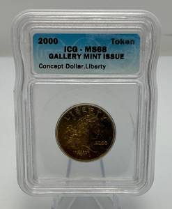 lot 133 image: 2000 Token ICG-MS68 Gallery Mint Issue CONCEPT Dollar Liberty In Sealed Case